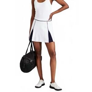 The Upside Courtside Billy Jean White Navy Godet Bamboo Tennis Skirt L NWT